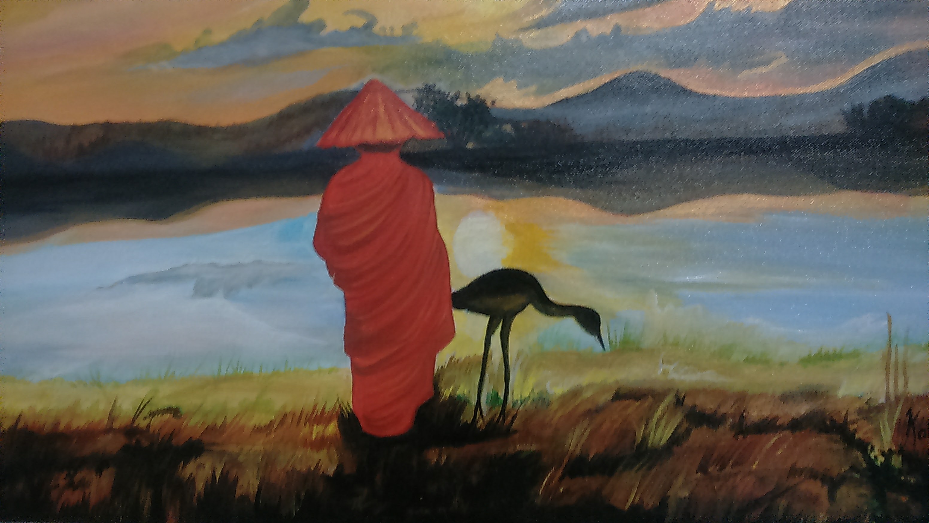 Artwork titled Twilight Serenity, a landscape painting with a figure and a bird.