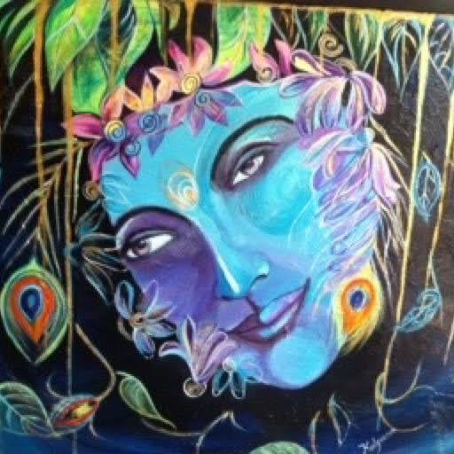 Artwork titled Mystic Bloom, an acrylic painting of Krishna's face with floral elements.