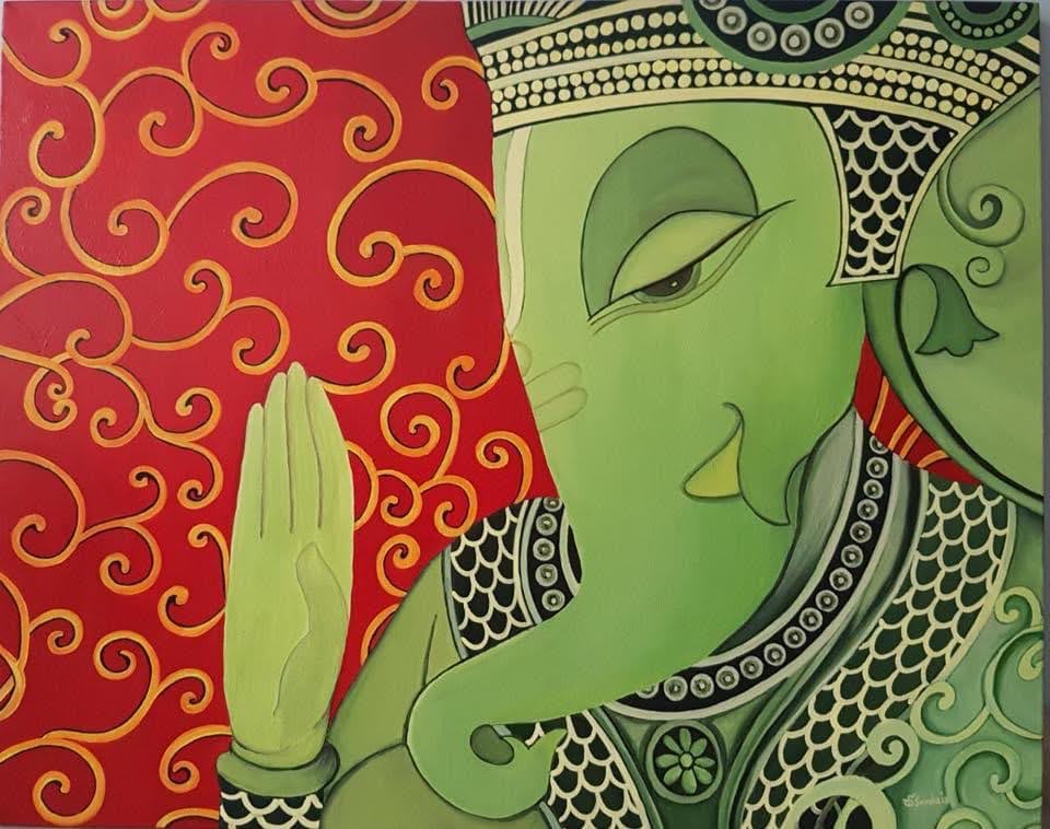Artwork titled Divine Guardian, a folk art painting of Ganesha.