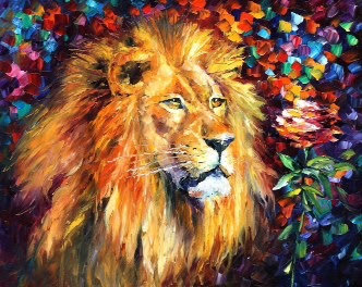 Artwork titled King's Serenade, a vibrant oil painting of a lion with colorful elements.