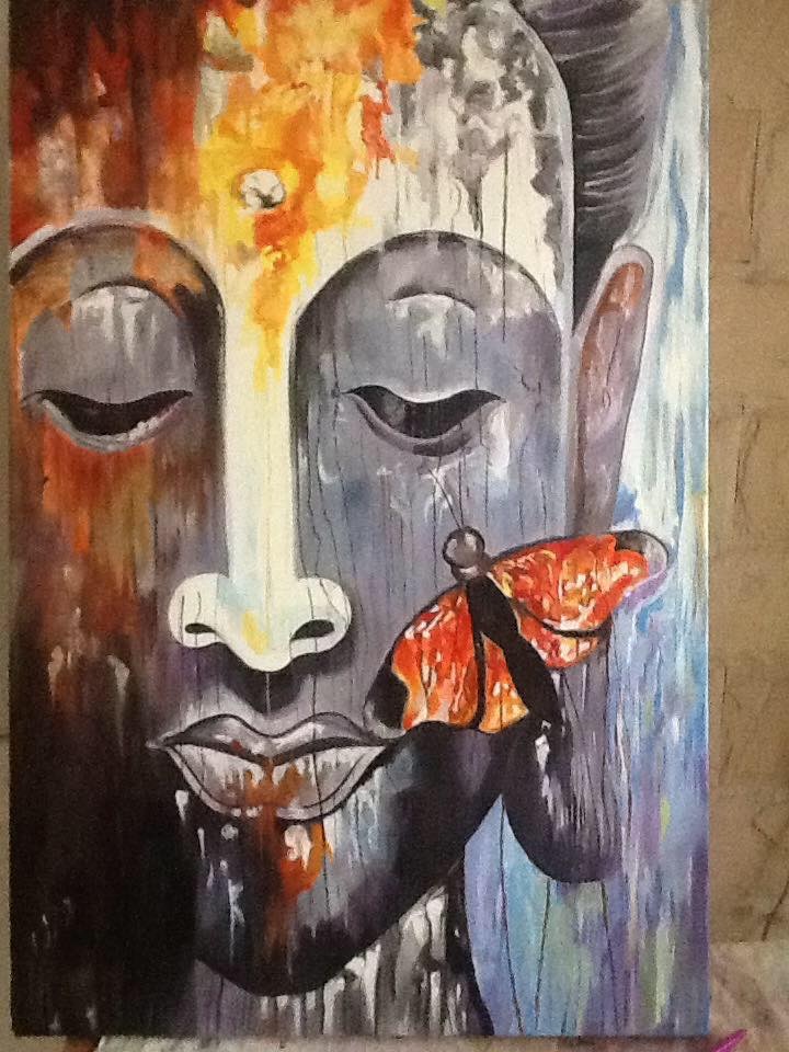 Artwork titled Enlightened Flutter, an abstract Buddha painting with a butterfly.