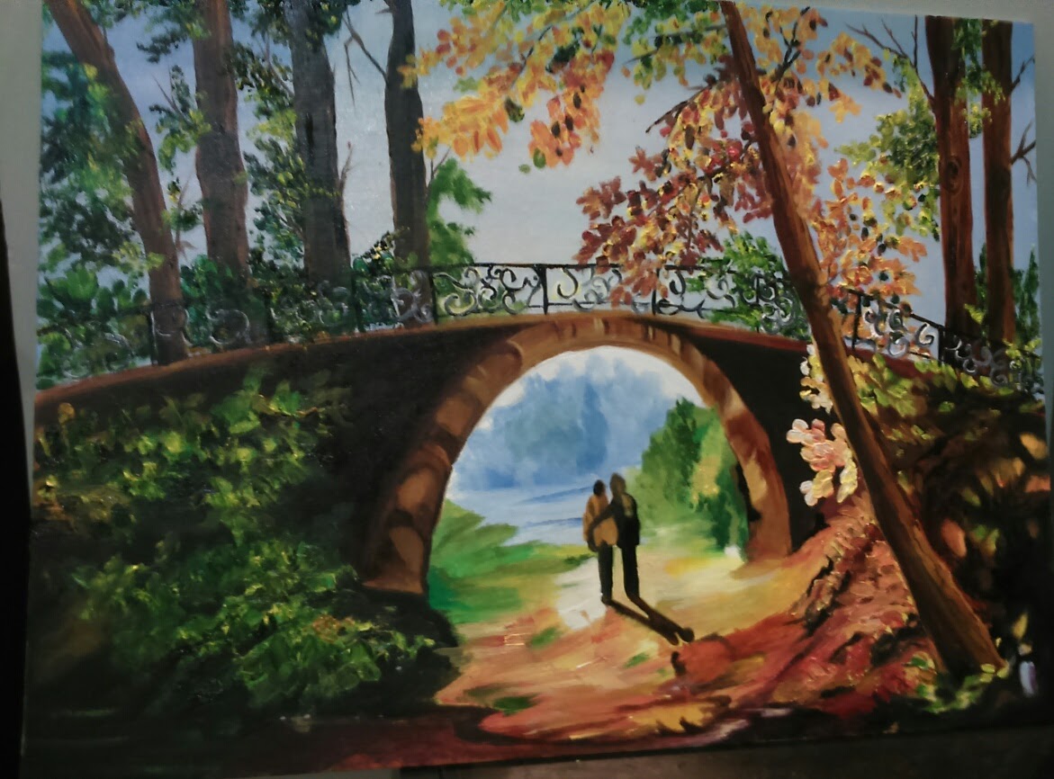 Artwork titled Autumnal Passage, a romantic landscape painting of a bridge in autumn.