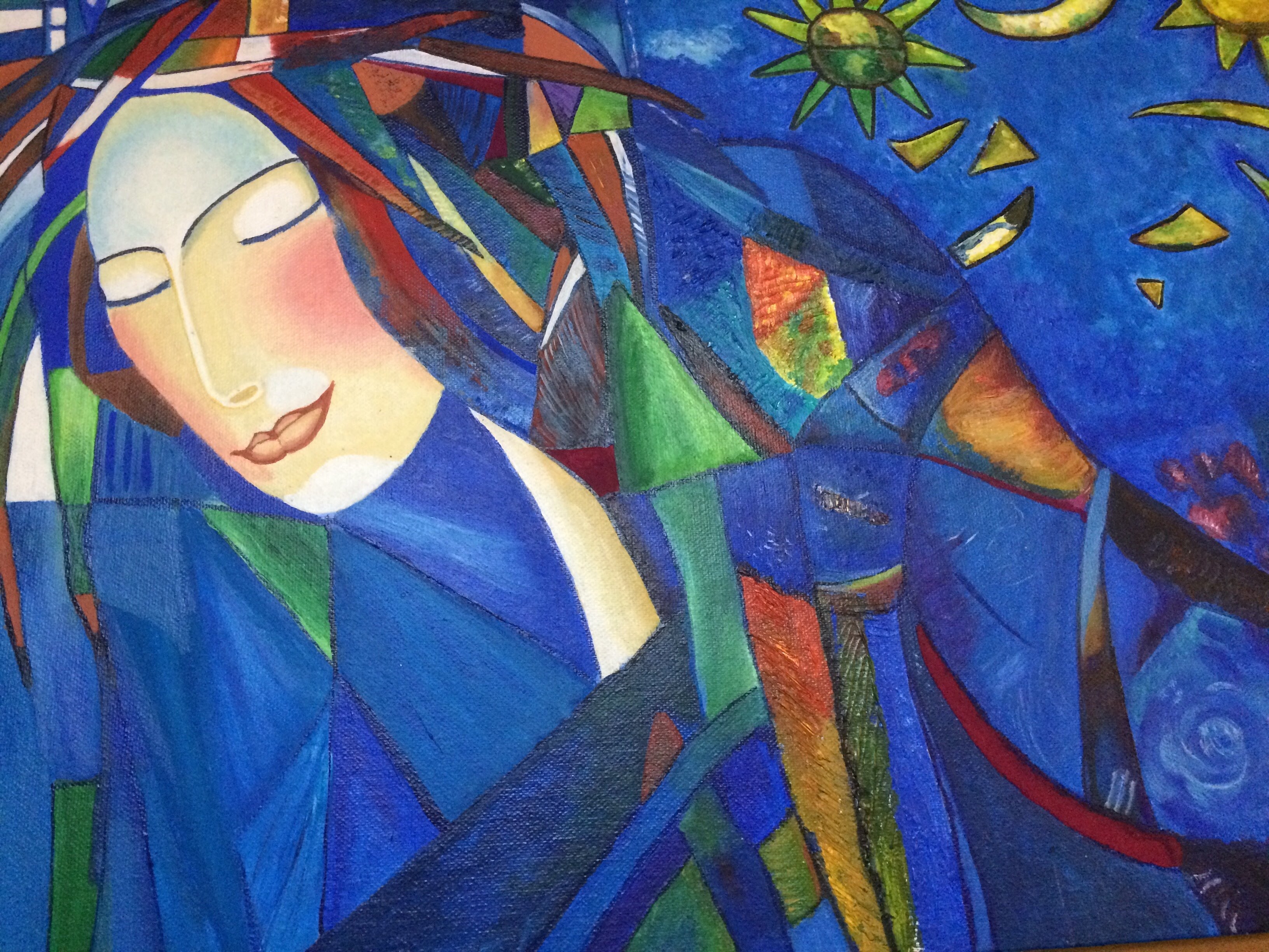 Artwork titled Celestial Muse, an abstract painting with a serene face and geometric elements.
